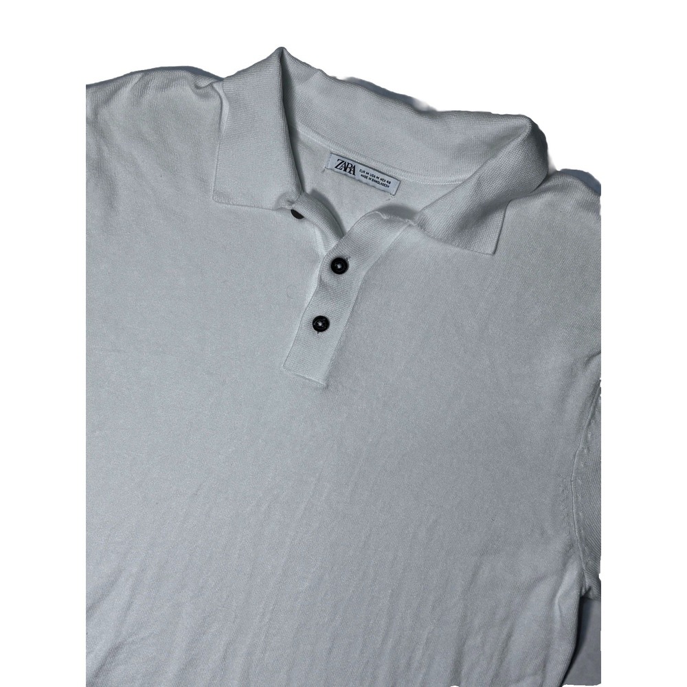 Zara Knit Polo Shirt Mens M White Short Sleeve Slim Fit Casual